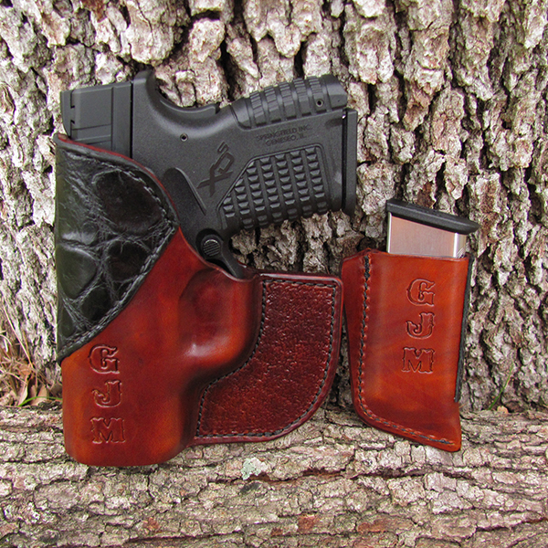 Bear Creek Front Pocket Holster and Mag Clip - Brown Horse Hide, Black Alligator Accent