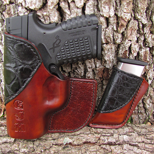 Bear Creek Front Pocket Holster and Mag Clip - Brown Horse Hide, Black Alligator Accent